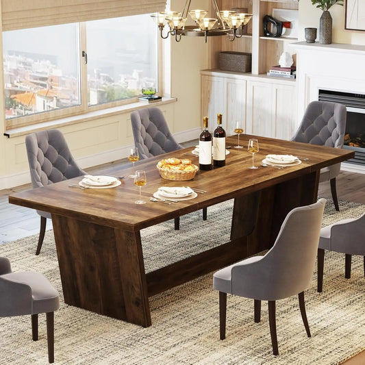Farmhouse Dining Room Table – Large Rectangular Solid Pedestal Kitchen Table for Family Meals, Rustic Wooden Dinner Table for Dining Room & Home Gathering