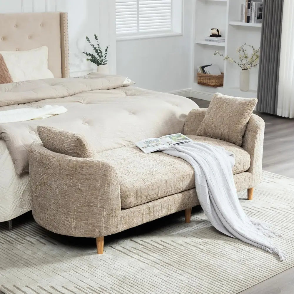 83.1” Modern Upholstered End of Bed Bench with Armrests – Chenille Chaise Lounge Bench with 2 Bolster Pillows, Bedroom Bench Seating for Bedroom, Living Room & Entryway