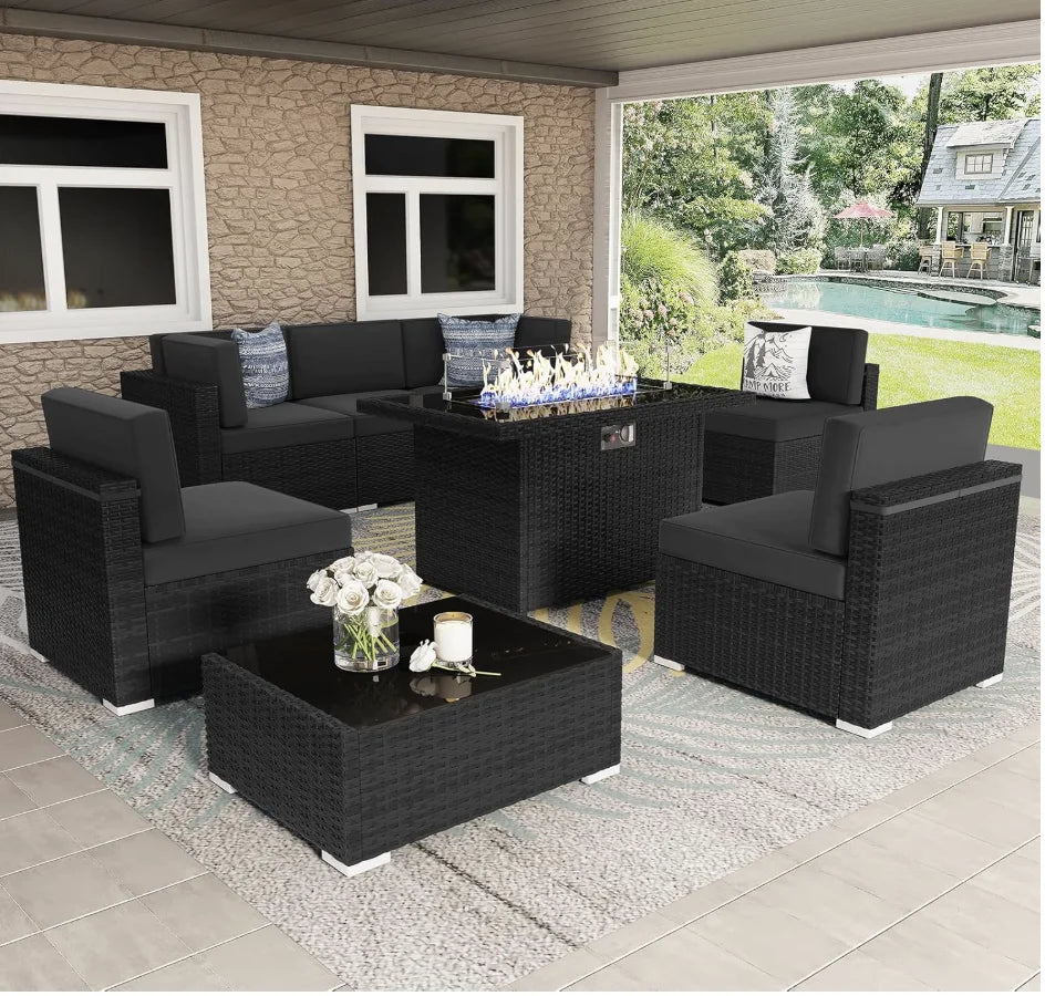 8-Piece Outdoor Wicker Furniture Set with Firepit