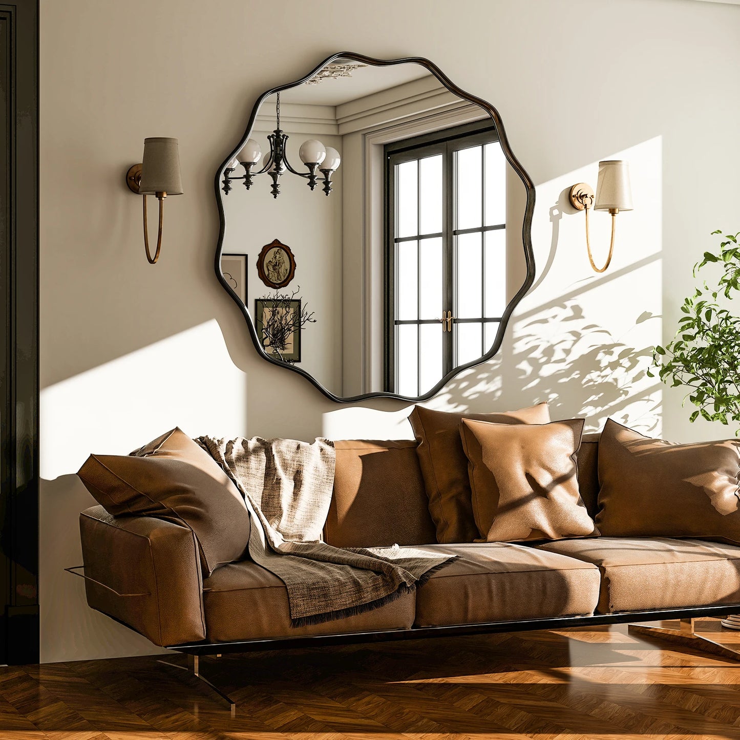 Wavy Round Bathroom Mirror Decorative Wall Mirror with Deep Frame Modern Vanity Mirror for Bedroom Living Room Home Decor