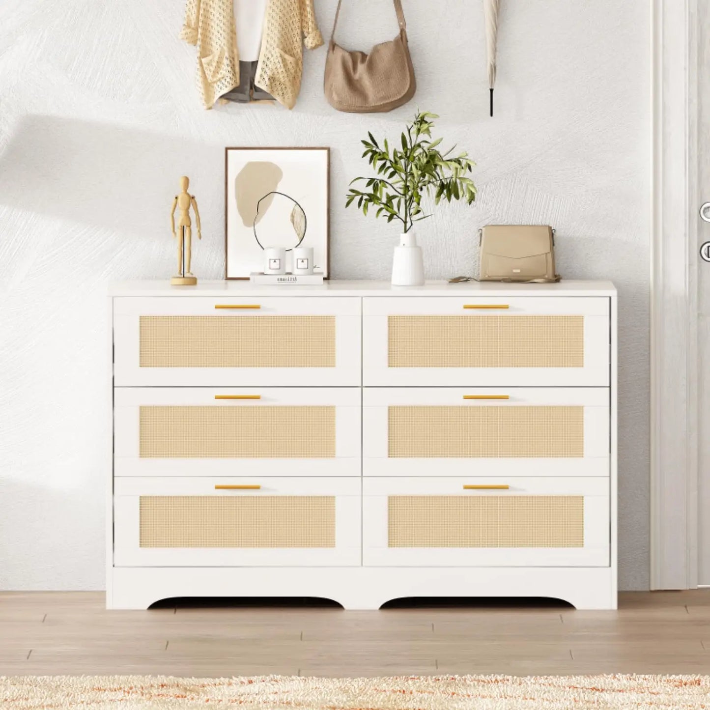 47” Rattan Dresser with 6 Drawers – Modern Wooden Storage Chest with Gold Handles, Boho Bedroom Organizer Cabinet for Living Room, Hallway & Closet