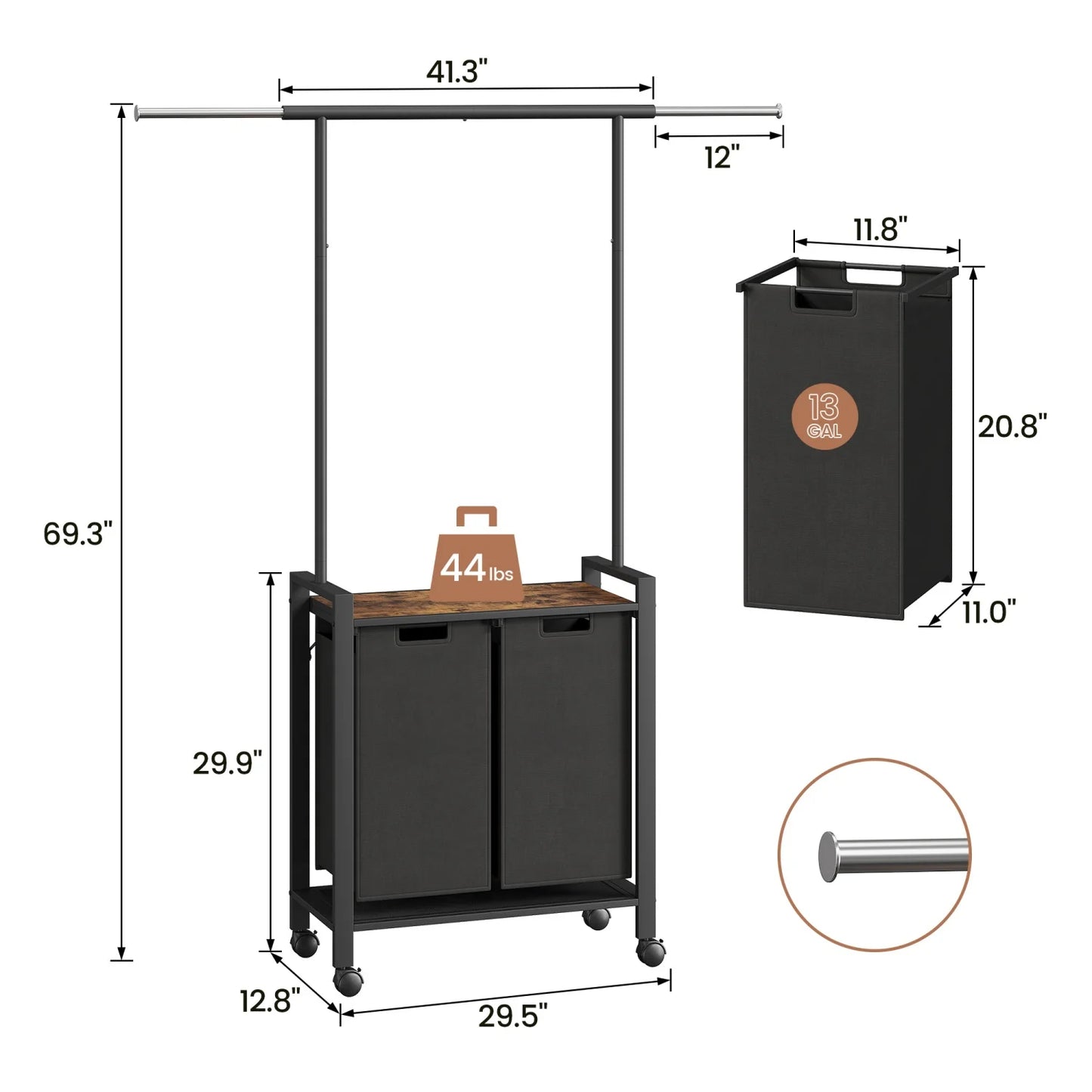 Laundry Sorter Basket With Extendable Hanging Bar