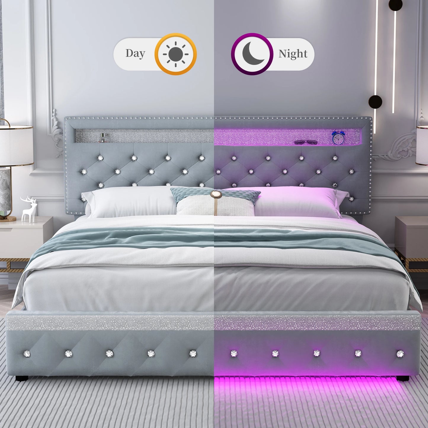 Full LED Bed Frame with 2 Drawers,