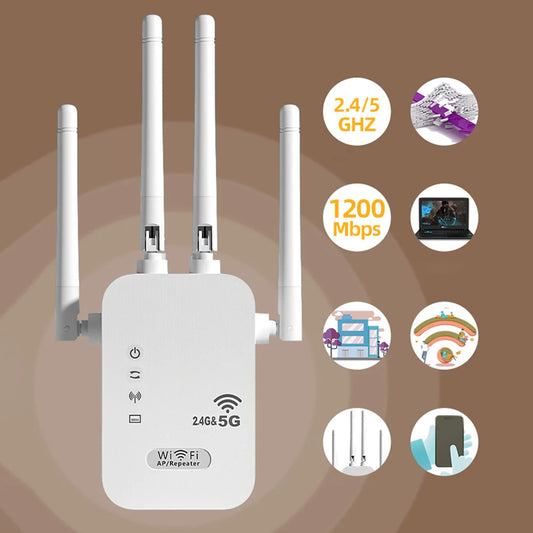 1200Mbps Dual-Band WiFi Repeater – Wireless WiFi Extender with WAN/LAN Port & 4 Antennas for Whole Home Coverage