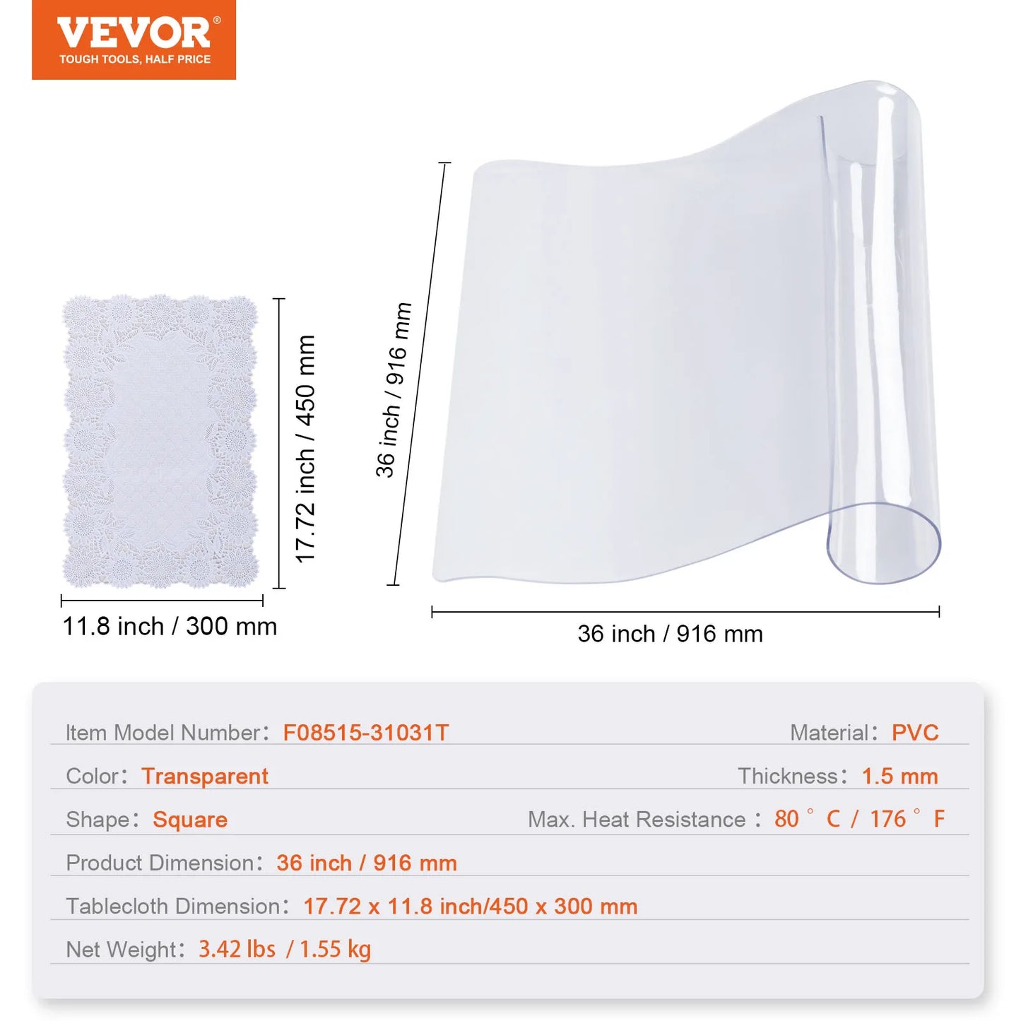 Clear PVC Tablecloth Protector 1.5mm Thick – Waterproof, Oil-Proof Transparent Table Cover for Dining Tables, Kitchen Surfaces & Desk Protection