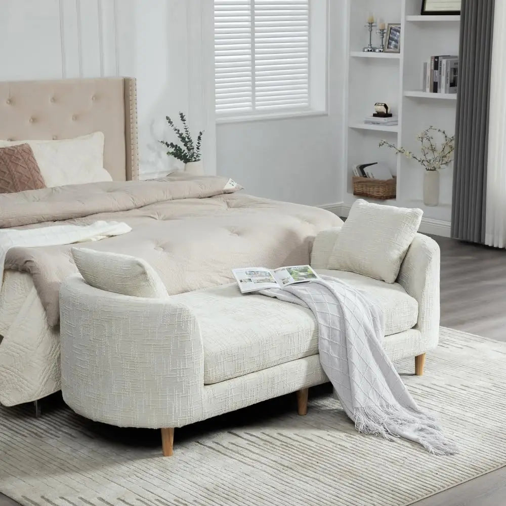 83.1” Modern Upholstered End of Bed Bench with Armrests – Chenille Chaise Lounge Bench with 2 Bolster Pillows, Bedroom Bench Seating for Bedroom, Living Room & Entryway