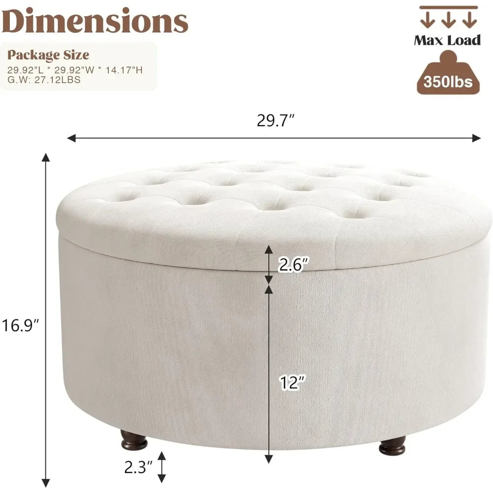 Round Tufted Storage Ottoman Coffee Table