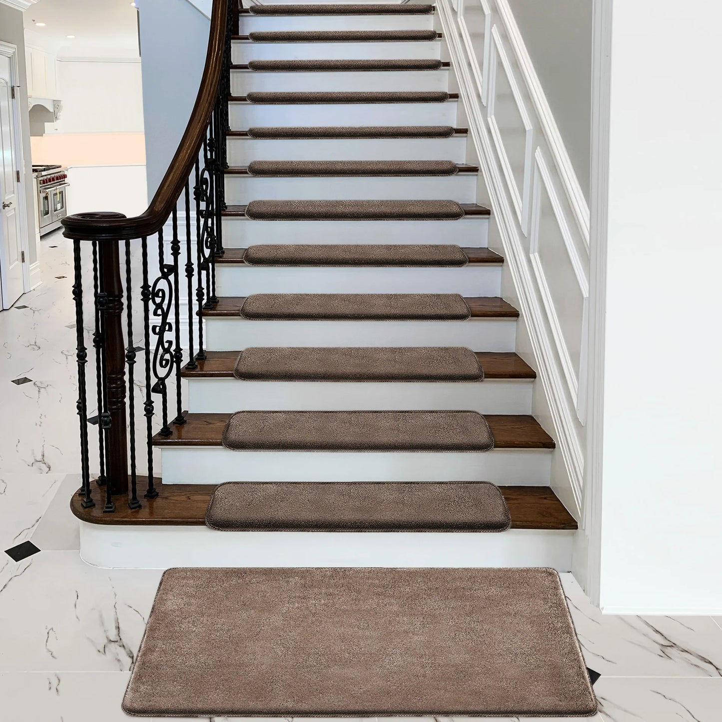 Bullnose Non-Slip Stair Treads – Ultra Plush Washable Self-Adhesive Carpet Mats, Peel & Stick Stair Covers for Safety, Elderly, Kids & Pets