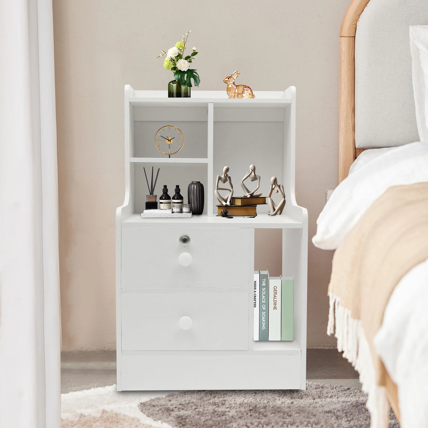 Lockable Bedside Table Double-Layer Storage Cabinet
