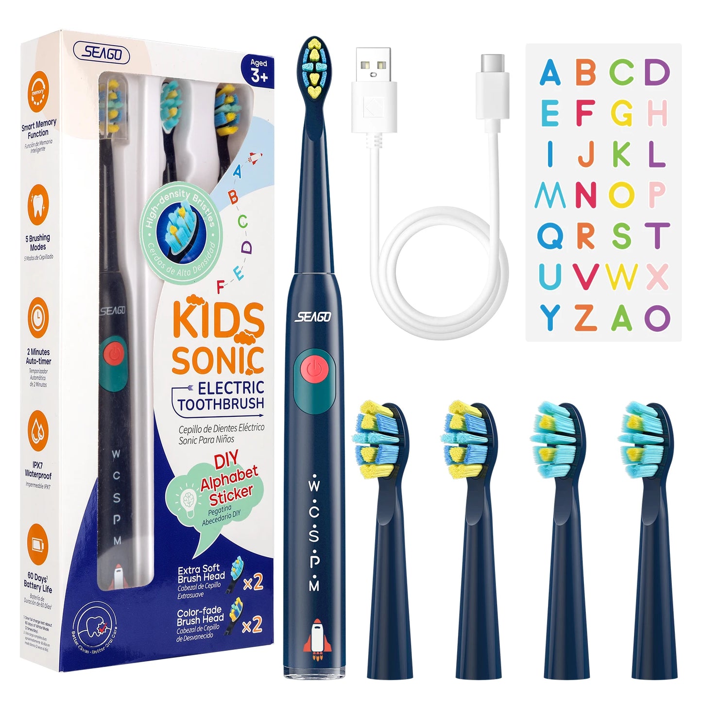 Seago Kids Electric Toothbrush for 6+Years 5 Modes Rechargeable IPX7 Waterproof Power Sonic Toothbrush Replacement Head SG-2303