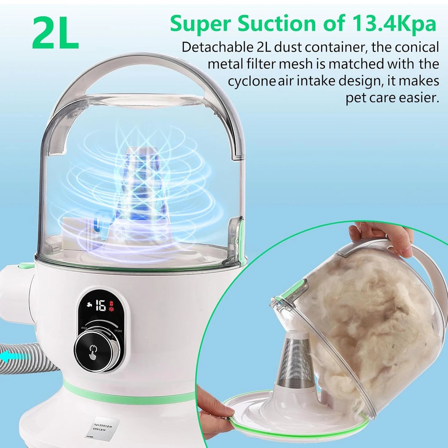 Pet Grooming Vacuum Kit 2L Quiet Dog Hair Trimmer with 5 Professional Grooming Tools