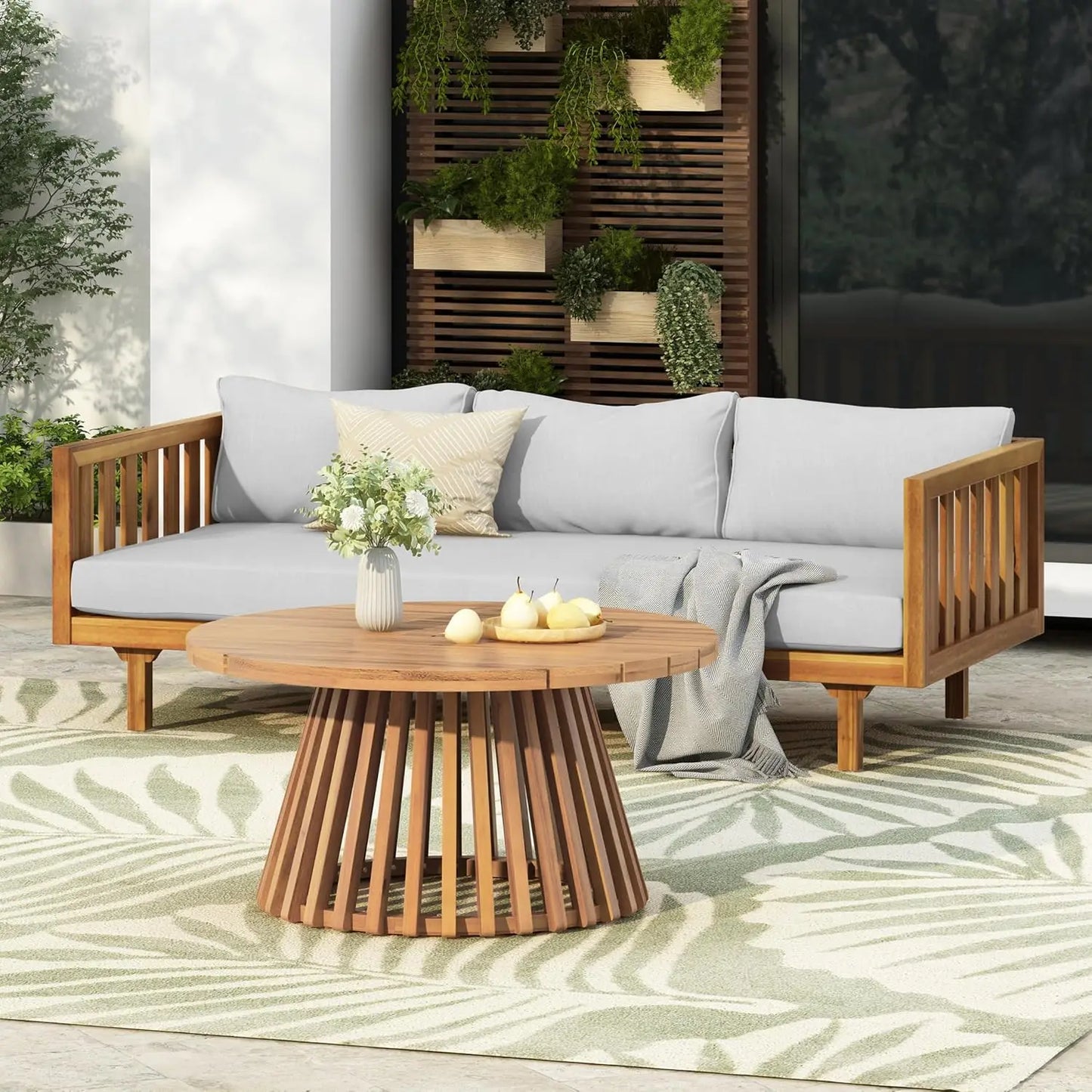 Outdoor Acacia Wood 3-Seat Loveseat Sofa Set with Cushions & Round Coffee Table – Premium Backyard Patio Conversation Furniture for Garden, Porch & Balcony Relaxation