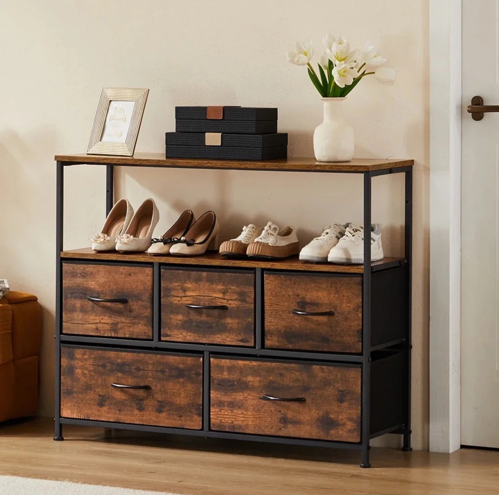 JHK Shoe Cabinet Dresser with 5 Fabric Drawers – Space-Saving Multi-Layer Shoe Rack Storage for Bedroom Living Room Entryway