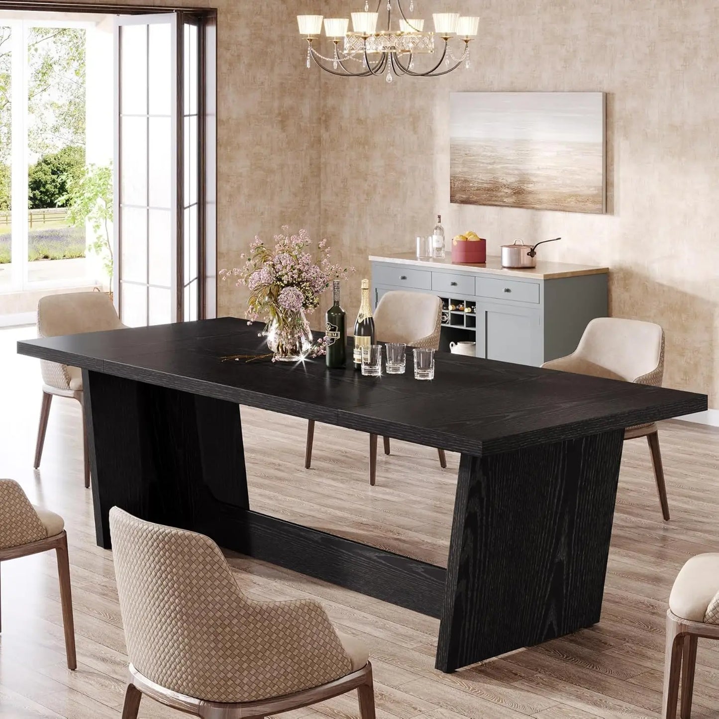 Farmhouse Dining Room Table – Large Rectangular Solid Pedestal Kitchen Table for Family Meals, Rustic Wooden Dinner Table for Dining Room & Home Gathering