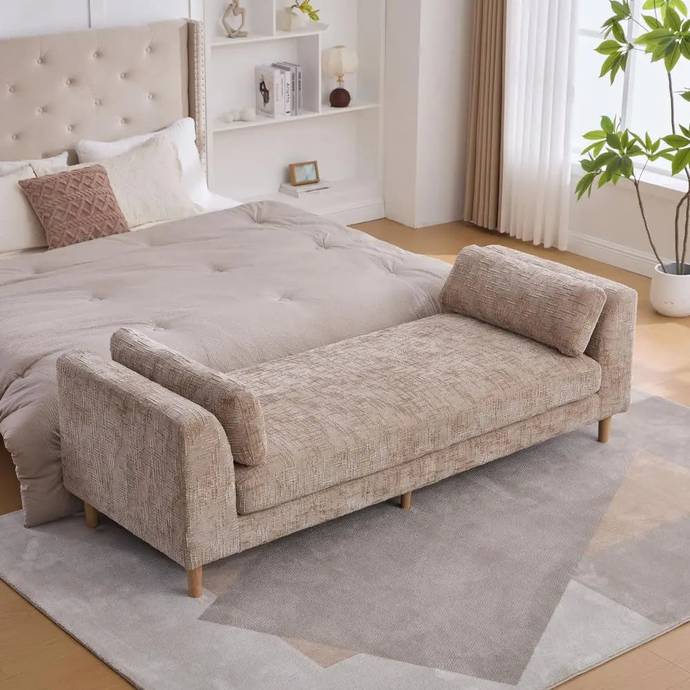 83.1” Modern Upholstered End of Bed Bench with Armrests – Chenille Chaise Lounge Bench with 2 Bolster Pillows, Bedroom Bench Seating for Bedroom, Living Room & Entryway