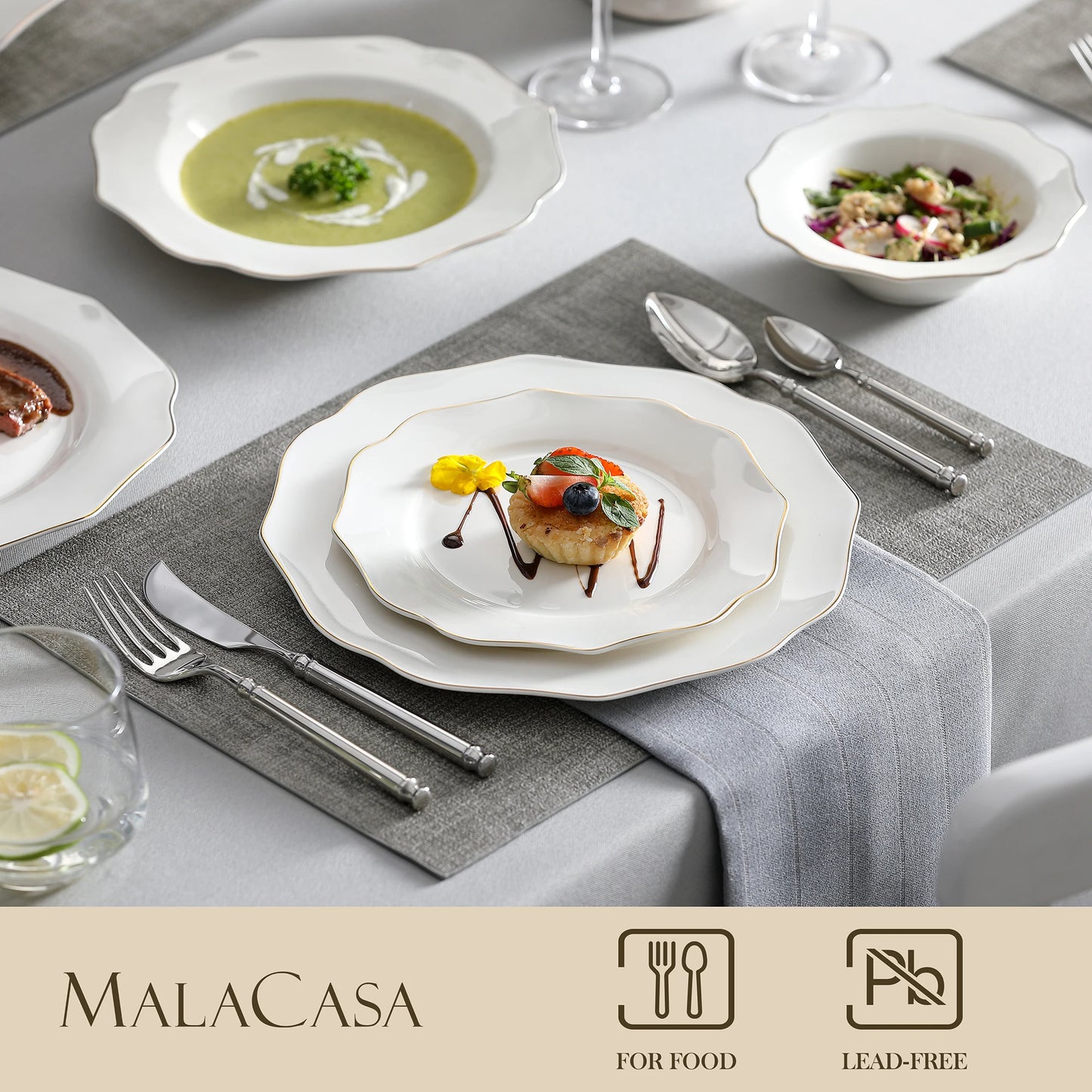 MALACASA 16/32-Piece White Porcelain Dinnerware Set with Gold Rim – Nordic European Tableware Set with Dinner Plates, Dessert Plates & Bowls for 4 or 8