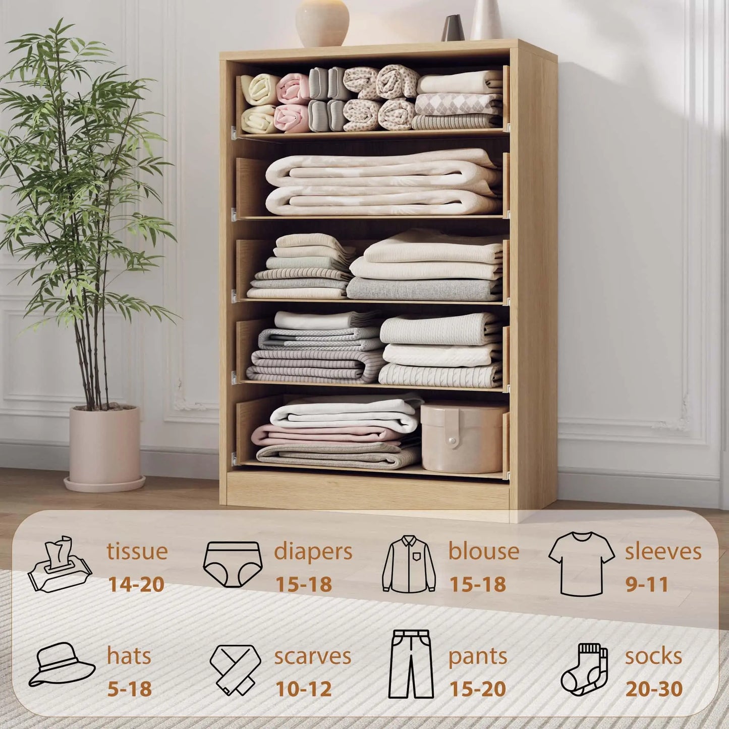 43.3-Inch 5-Drawer Wooden Dresser – Modern Bedroom Storage Chest with Deep Drawers, Closet Cabinet for Bedroom, Living Room, Entryway & Hallway