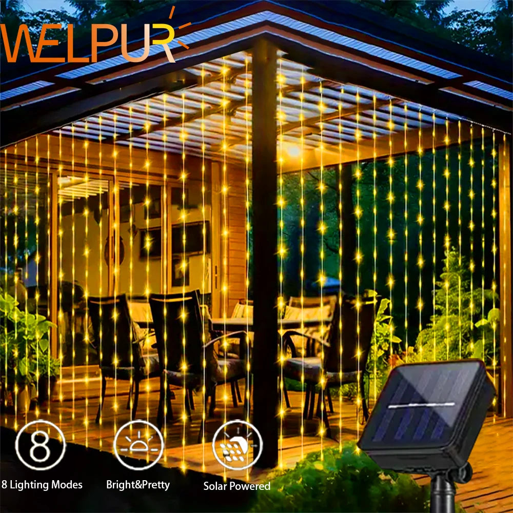 300LED Solar Curtain String Lights Outdoor