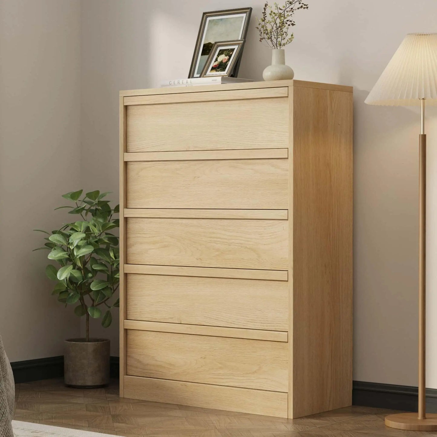 43.3-Inch 5-Drawer Wooden Dresser – Modern Bedroom Storage Chest with Deep Drawers, Closet Cabinet for Bedroom, Living Room, Entryway & Hallway