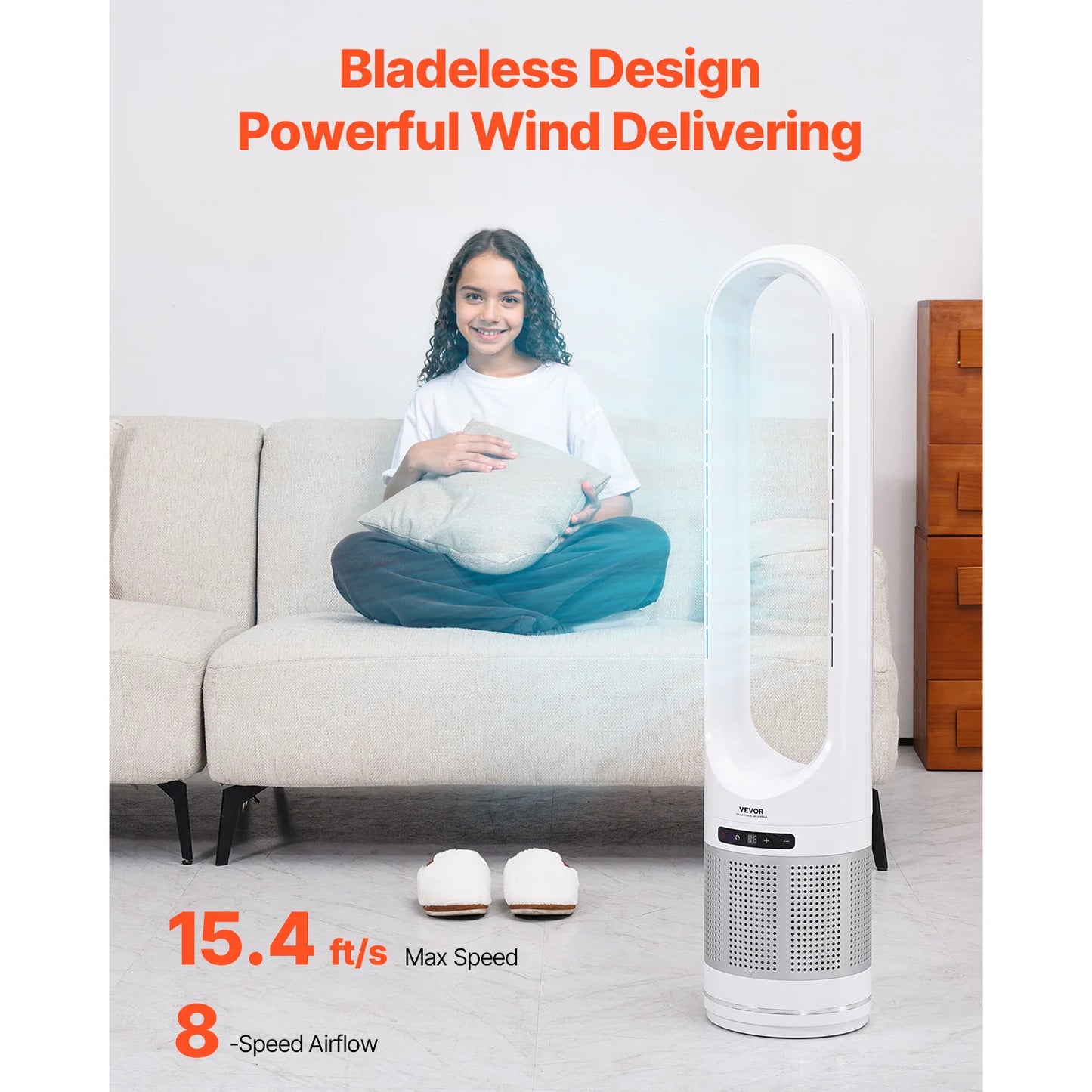 VEVOR Bladeless Tower Fan 8 Speed Oscillating Floor Fan with Remote Air Purification Mode Quiet Cooling Fan for Bedroom Home Office