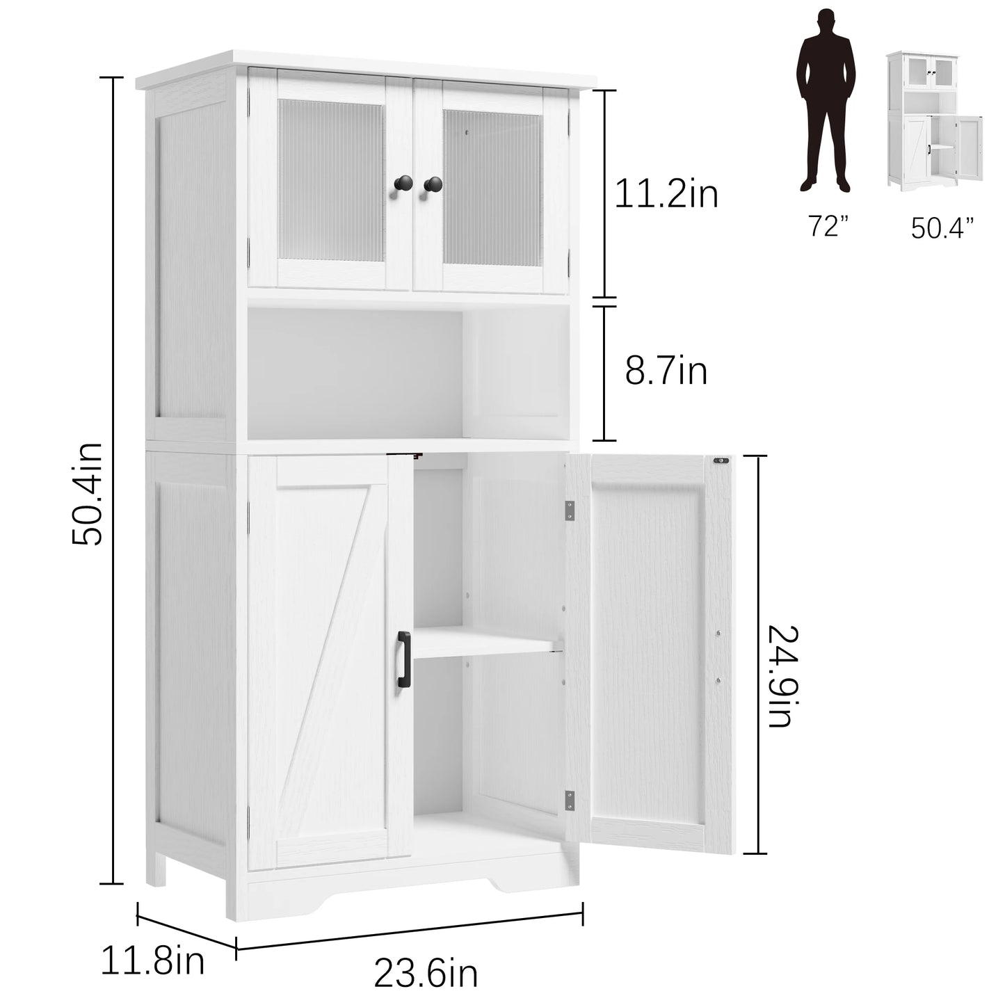 Freestanding Kitchen Pantry Cabinet with 4 Doors & Open Shelves – Tall Storage Cupboard with Tempered Glass Doors for Kitchen, Bathroom & Dining Room Organization