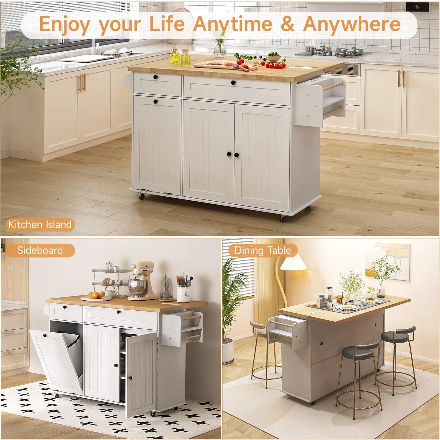 60 Inch Mobile Kitchen Island Rolling Cart with Drop Leaf Power Outlet Storage Trolley Spice Rack Towel Rack Trash Cabinet