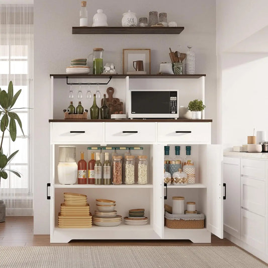 Farmhouse Buffet Cabinet with Storage Coffee Bar Cabinet Kitchen Storage Cabinet with 3 Doors and Drawers Dining Room Furniture