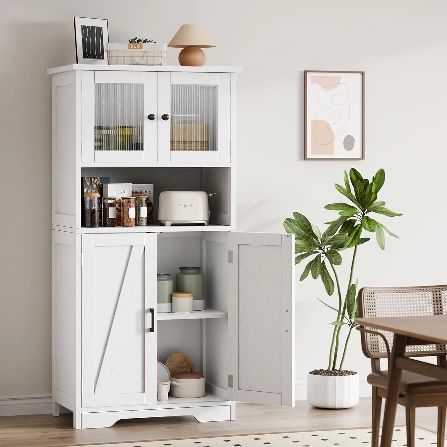 Freestanding Kitchen Pantry Cabinet with 4 Doors & Open Shelves – Tall Storage Cupboard with Tempered Glass Doors for Kitchen, Bathroom & Dining Room Organization