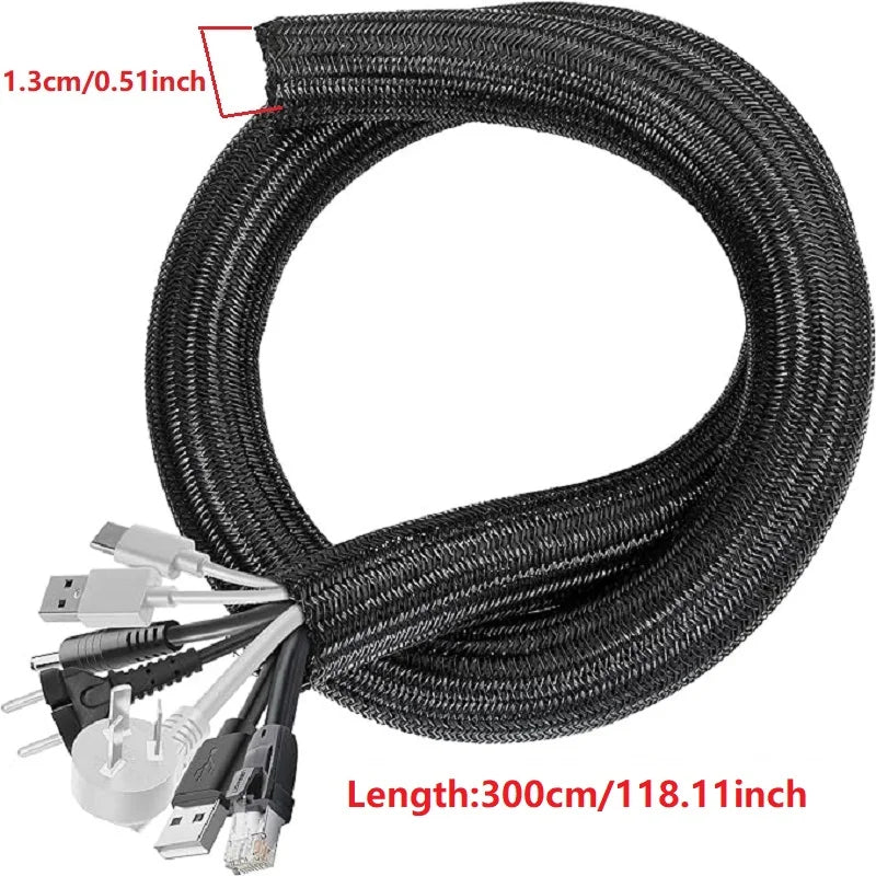 Braided Cable Sleeve Wire Organizer – PET Nylon Cable Management Wrap for Desk, PC & TV, Flexible Wire Protector Cover 1M/3M/5M