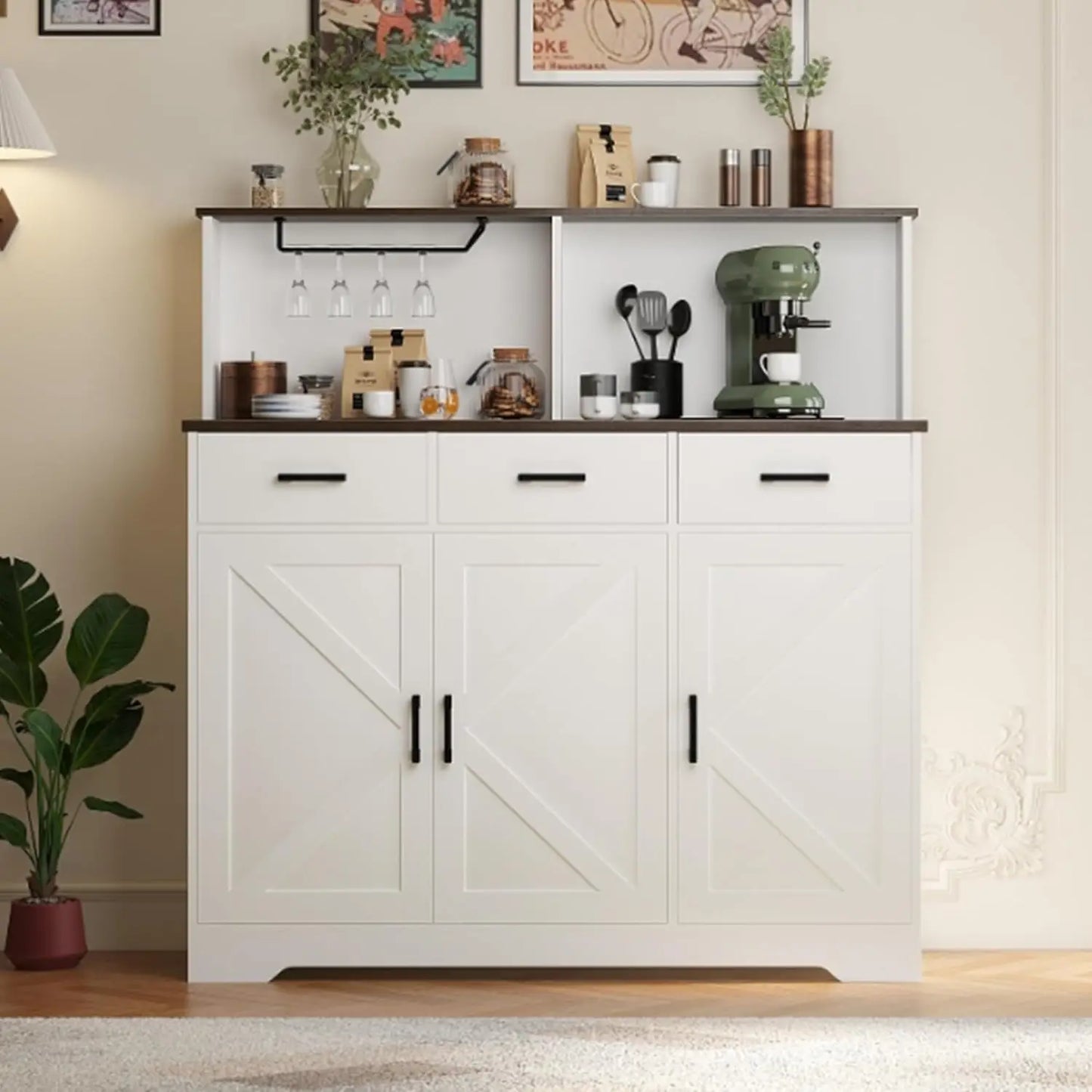 Farmhouse Buffet Cabinet with Storage Coffee Bar Cabinet Kitchen Storage Cabinet with 3 Doors and Drawers Dining Room Furniture