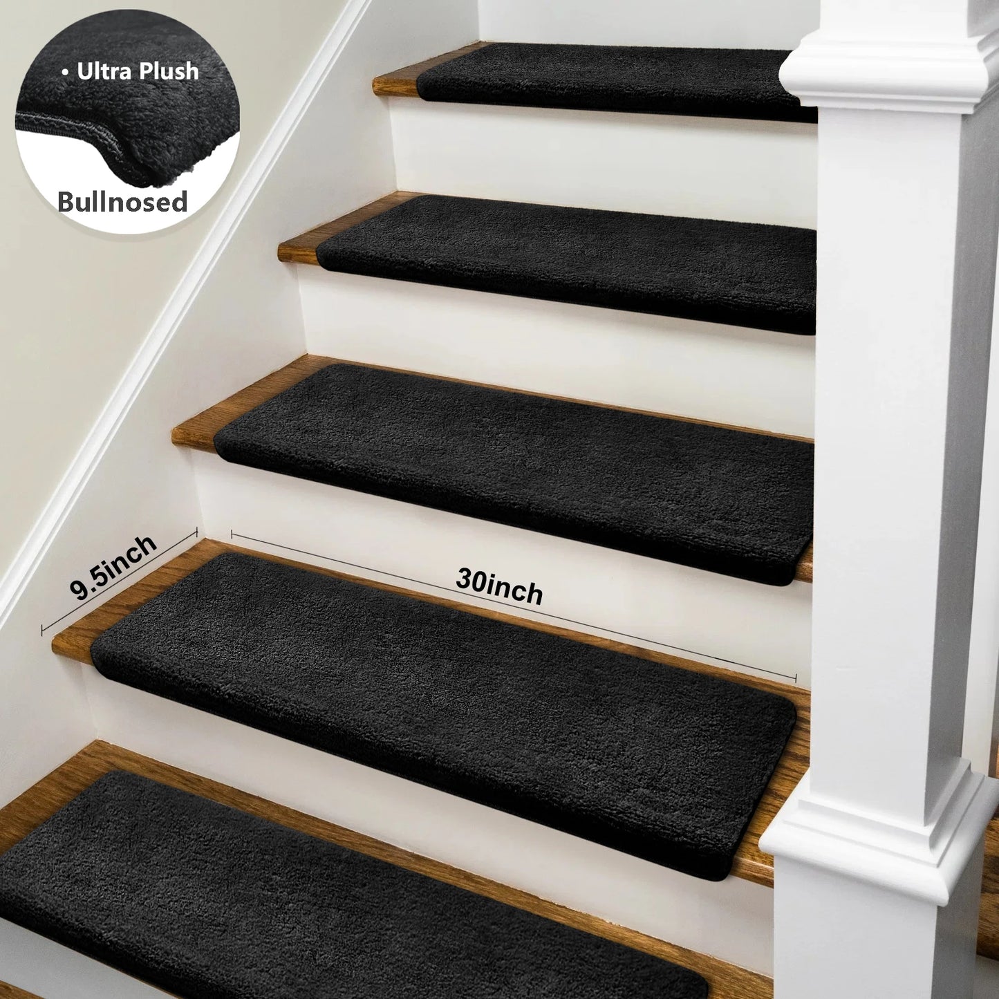Bullnose Non-Slip Stair Treads – Ultra Plush Washable Self-Adhesive Carpet Mats, Peel & Stick Stair Covers for Safety, Elderly, Kids & Pets