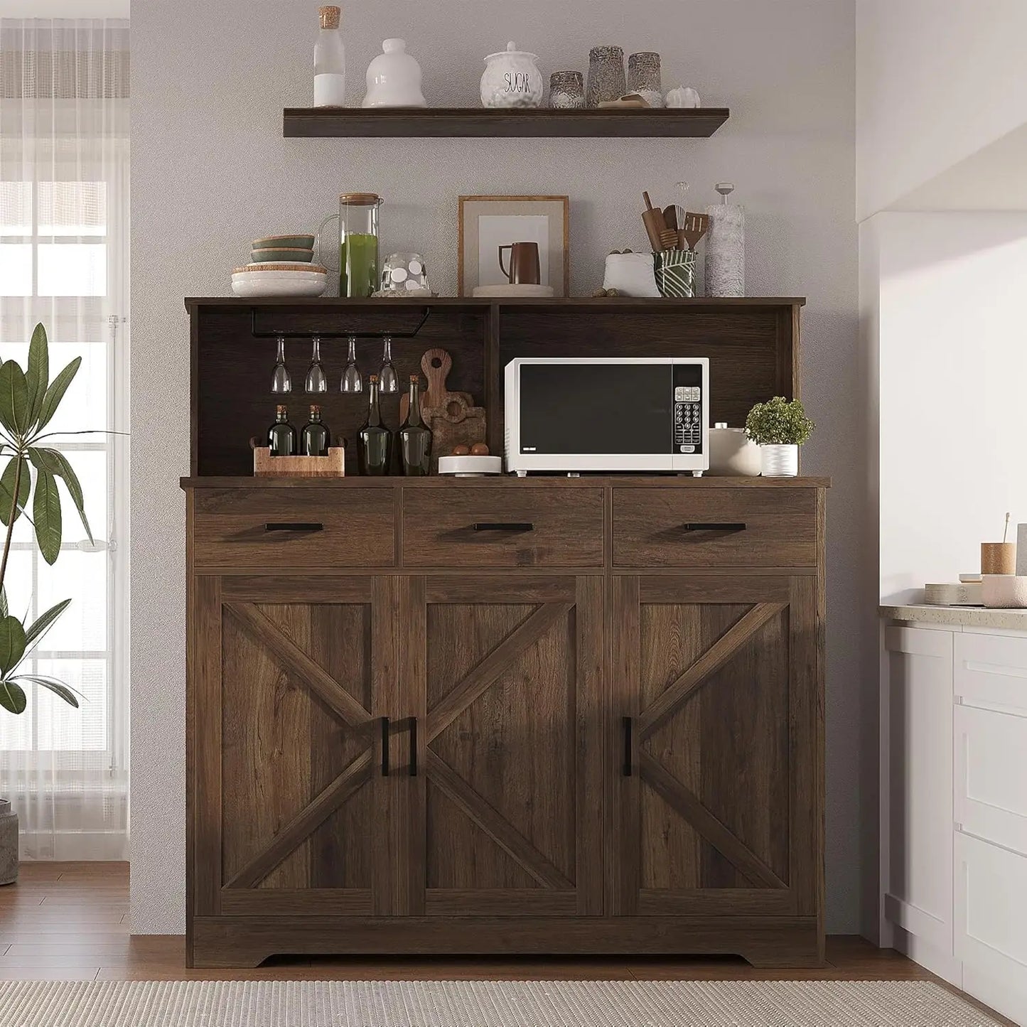 Farmhouse Buffet Cabinet with Storage Coffee Bar Cabinet Kitchen Storage Cabinet with 3 Doors and Drawers Dining Room Furniture