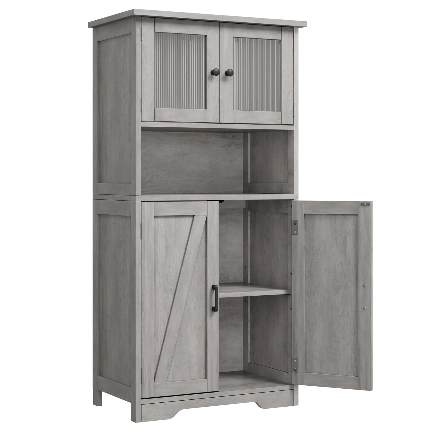 Freestanding Kitchen Pantry Cabinet with 4 Doors & Open Shelves – Tall Storage Cupboard with Tempered Glass Doors for Kitchen, Bathroom & Dining Room Organization