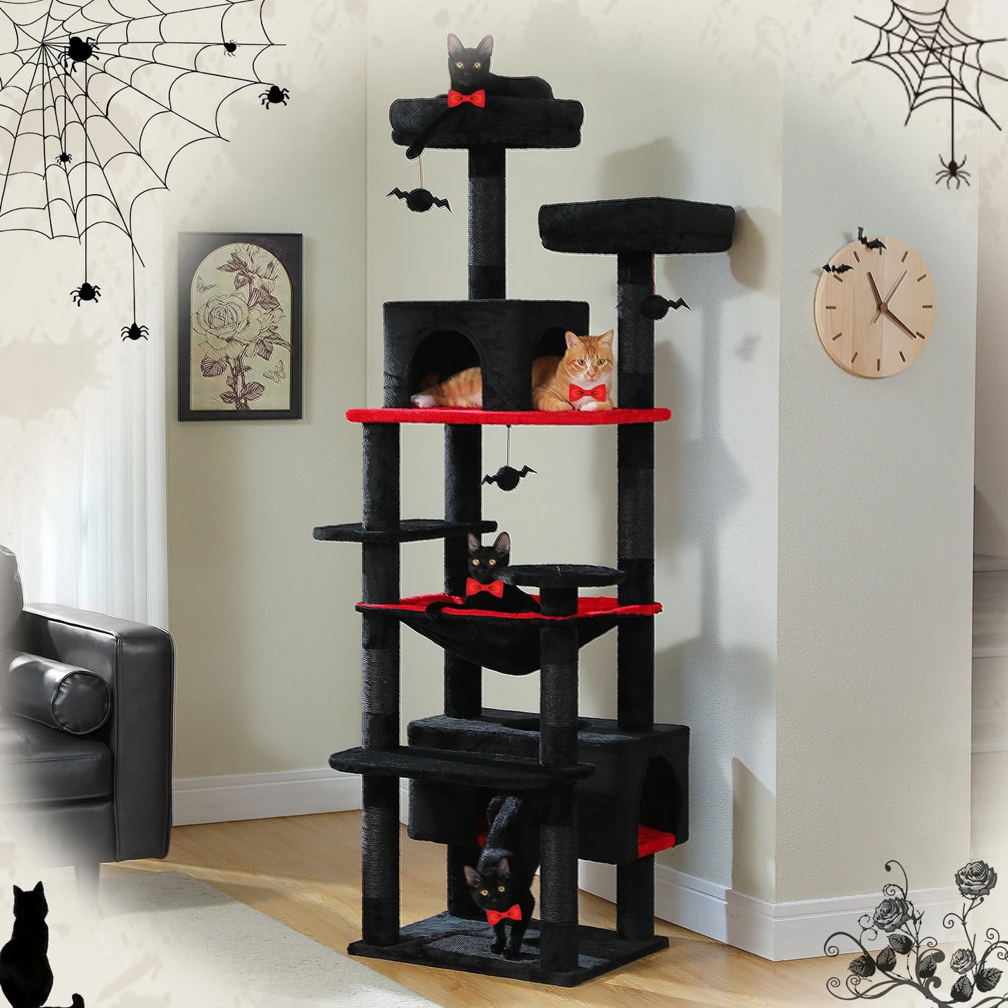 Large Indoor Cat Tree Tower – Multi-Level Perches, Hammock, Scratching Posts & Condo Playhouse