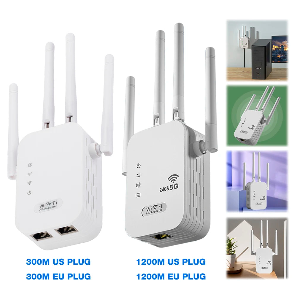 1200Mbps Dual-Band WiFi Repeater – Wireless WiFi Extender with WAN/LAN Port & 4 Antennas for Whole Home Coverage