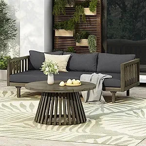 Outdoor Acacia Wood 3-Seat Loveseat Sofa Set with Cushions & Round Coffee Table – Premium Backyard Patio Conversation Furniture for Garden, Porch & Balcony Relaxation
