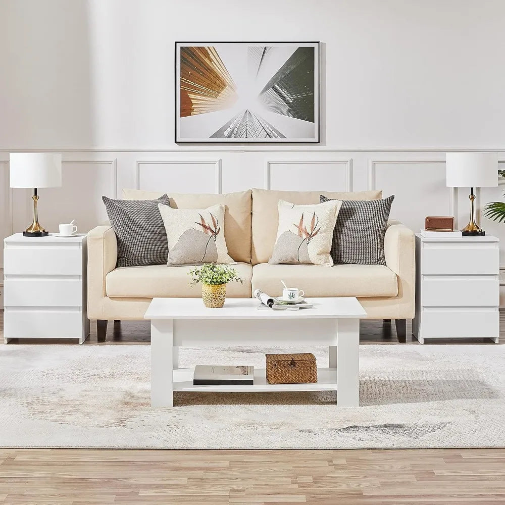 2PCS White 3-Drawer Bedside Nightstand Storage