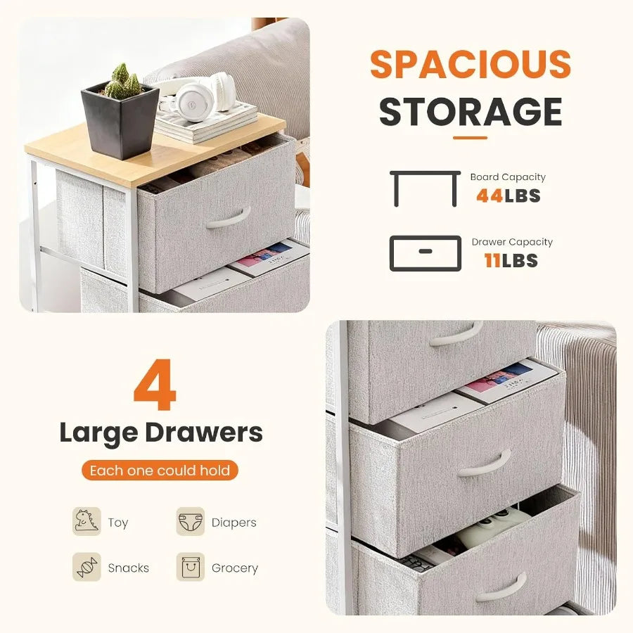 Sweetcrispy Nightstand with 4 Fabric Drawers – Modern Bedside Table with Wooden Top, Small Bedroom Dresser & End Table for Bedroom, Living Room & Nursery