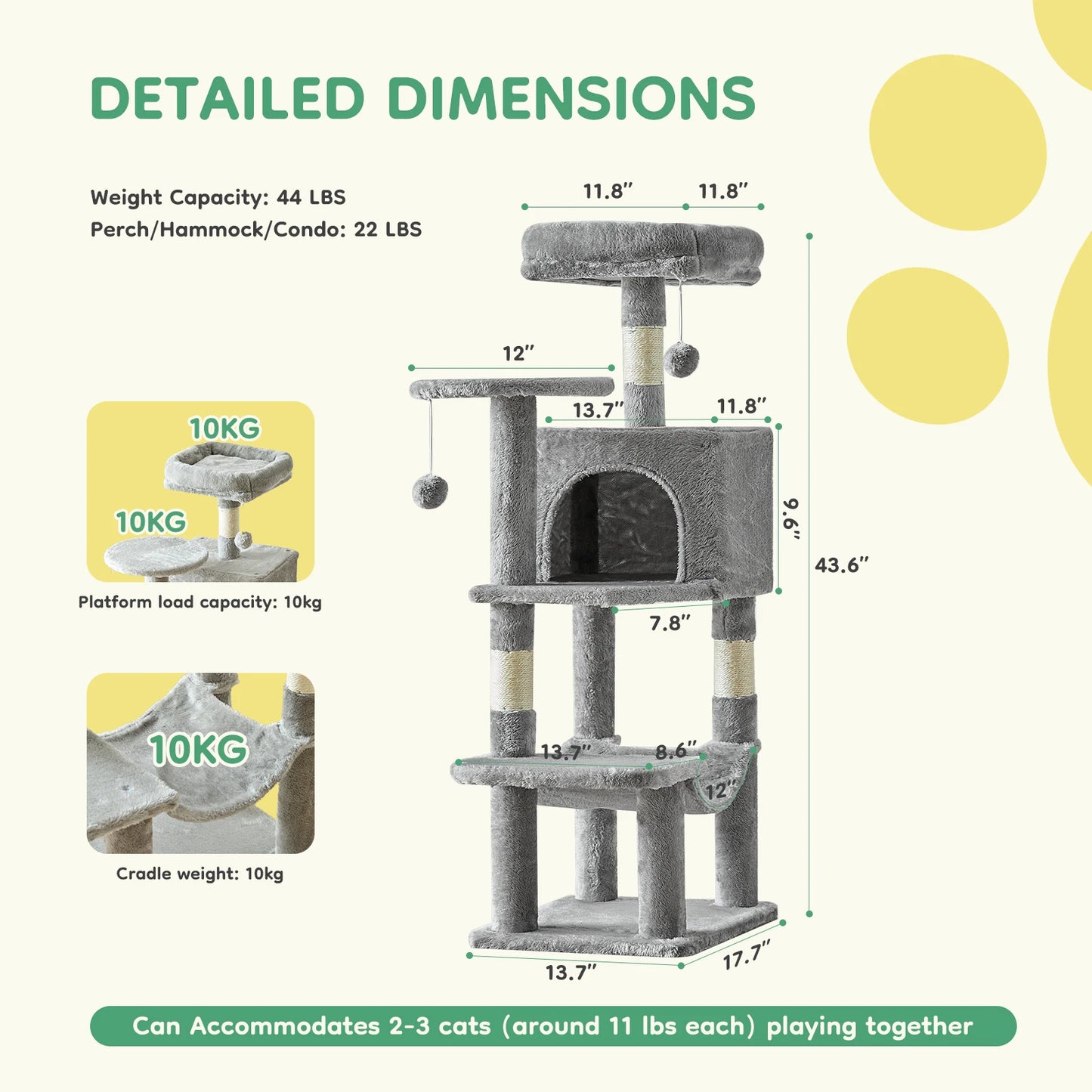 JHK 44-Inch Cat Tree for Indoor Cats – Multi-Level Climbing Tower with Sisal Scratching Posts & Stable Pet House