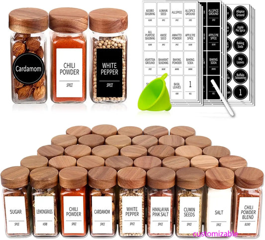 36 Glass Spice Jars Set – 4oz Square Containers with Acacia Wood Lids Shaker Tops 547 Labels & Chalk Pen