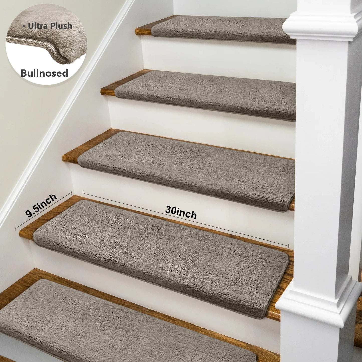 Bullnose Non-Slip Stair Treads – Ultra Plush Washable Self-Adhesive Carpet Mats, Peel & Stick Stair Covers for Safety, Elderly, Kids & Pets