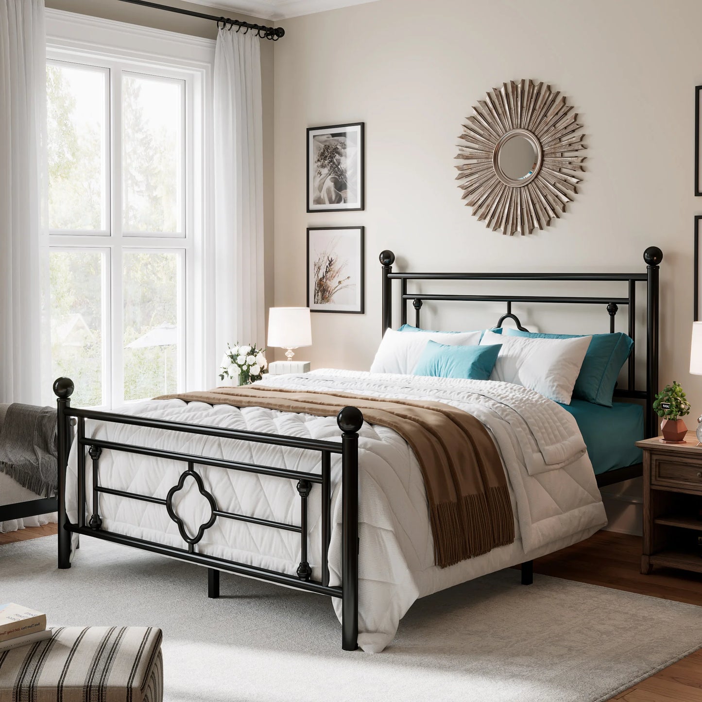 HOOMIC 14 Inch Metal Platform Bed Frame Vintage Victorian Style Wrought Iron Headboard Footboard Heavy Duty Mattress Foundation