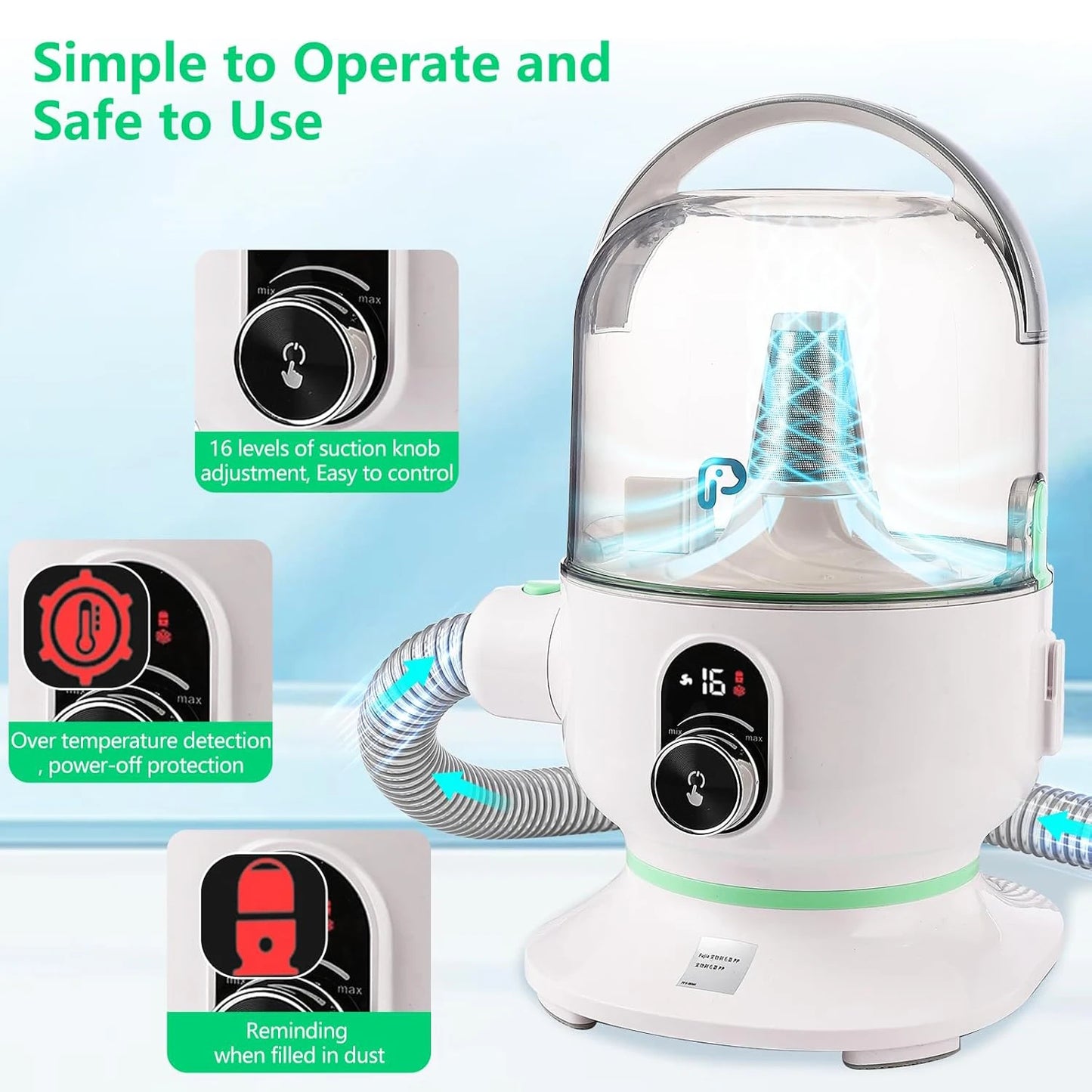 Pet Grooming Vacuum Kit 2L Quiet Dog Hair Trimmer with 5 Professional Grooming Tools