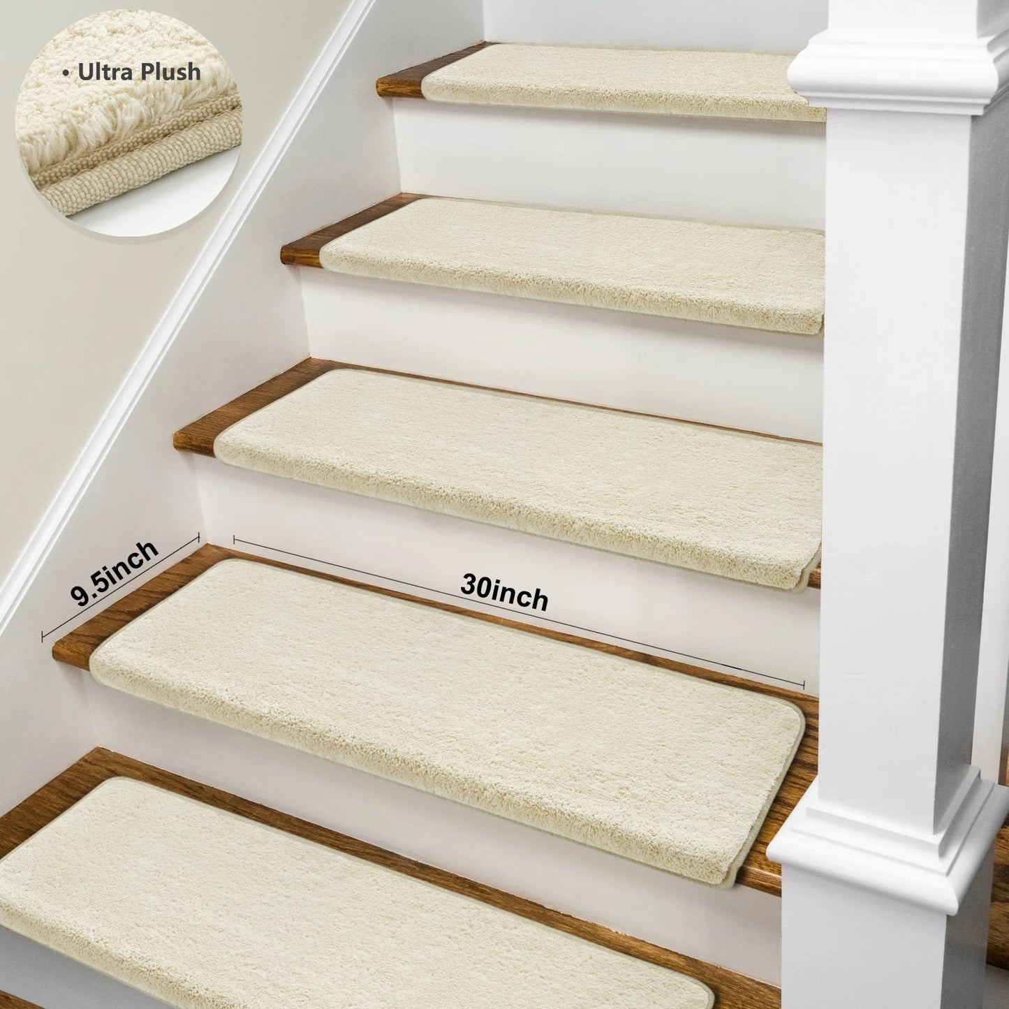 Bullnose Non-Slip Stair Treads – Ultra Plush Washable Self-Adhesive Carpet Mats, Peel & Stick Stair Covers for Safety, Elderly, Kids & Pets
