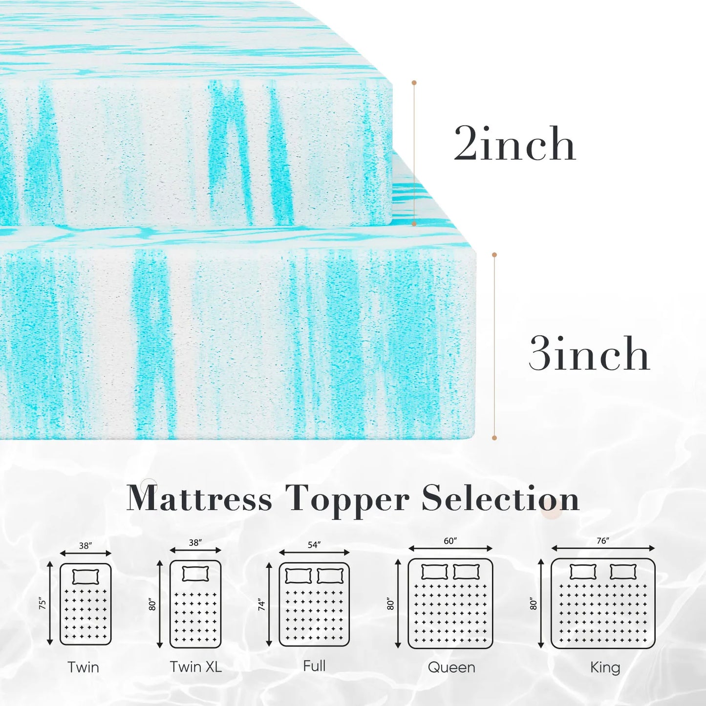 JHK 2–3 Inch Gel Memory Foam Mattress Topper Full Size Cooling Breathable Bed Topper for Bedroom Dorm School