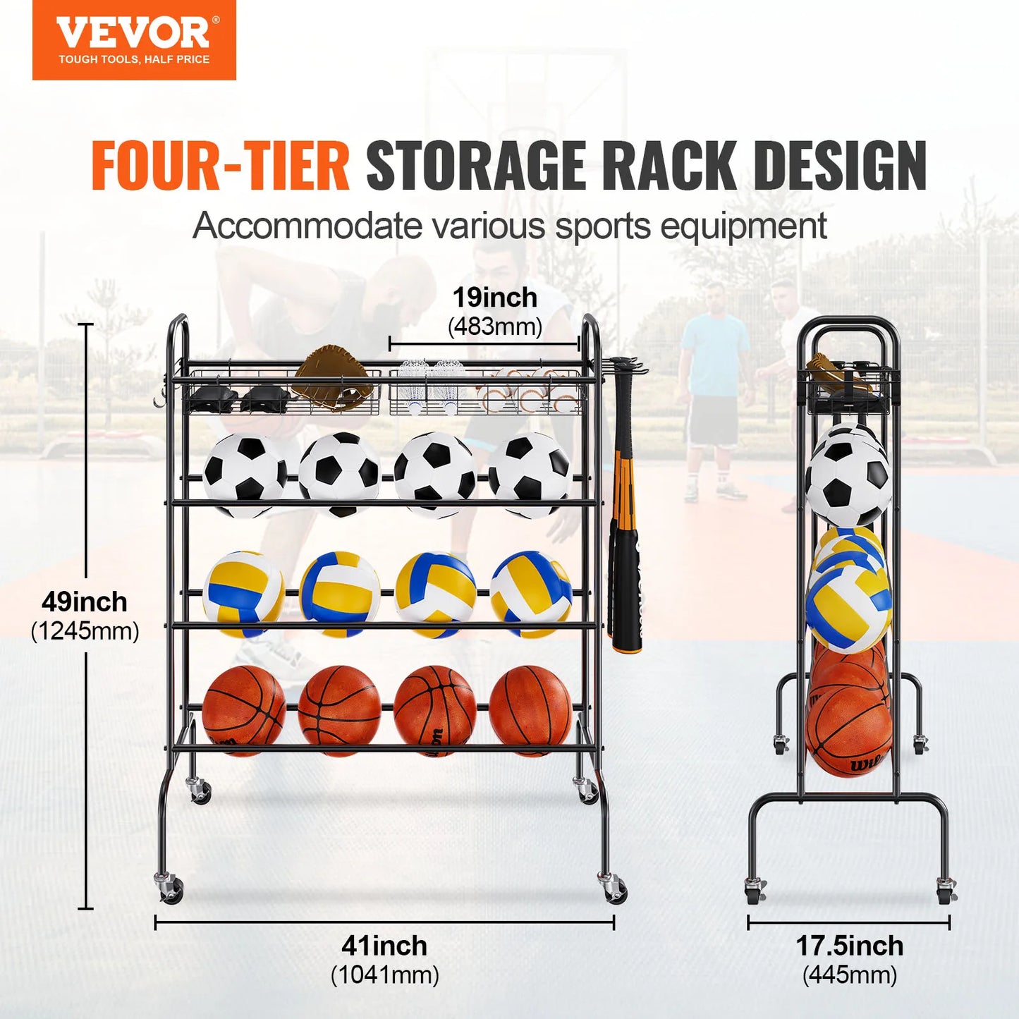 VEVOR 4-Layer Rolling Basketball Storage Rack Organizer