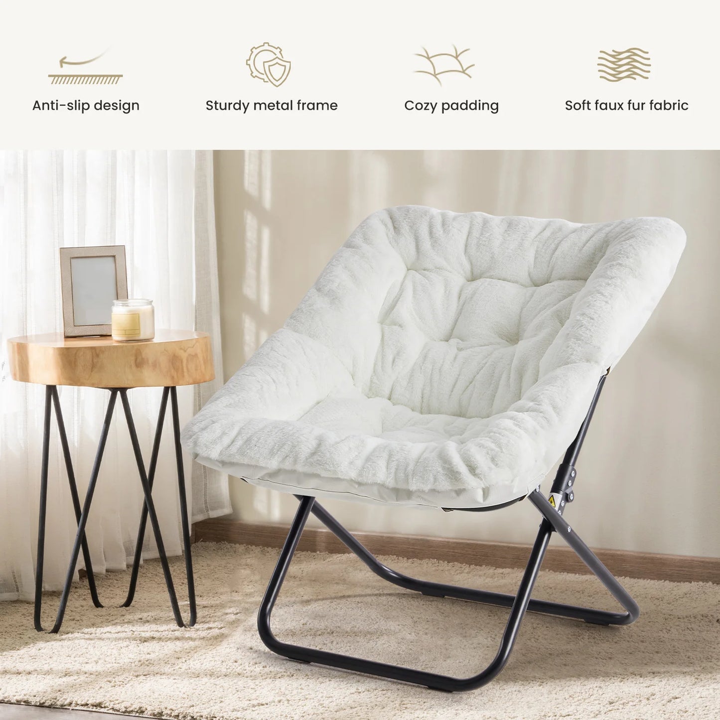 JHK 28 Inch Cozy Saucer Chair Faux Fur Folding Lounge Chair Padded Seat Metal Frame Reading Chair for Bedroom Living Room