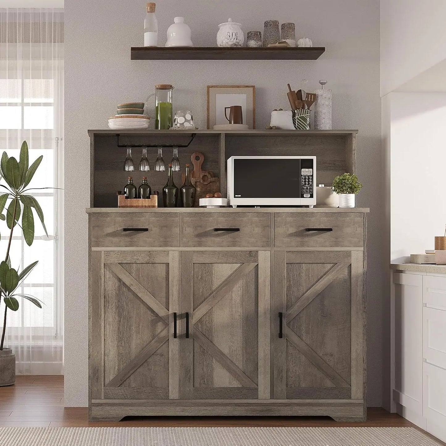 Farmhouse Buffet Cabinet with Storage Coffee Bar Cabinet Kitchen Storage Cabinet with 3 Doors and Drawers Dining Room Furniture