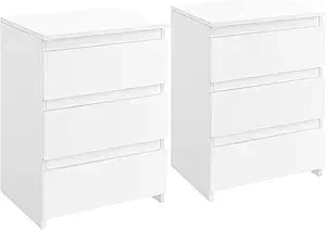 2PCS White 3-Drawer Bedside Nightstand Storage