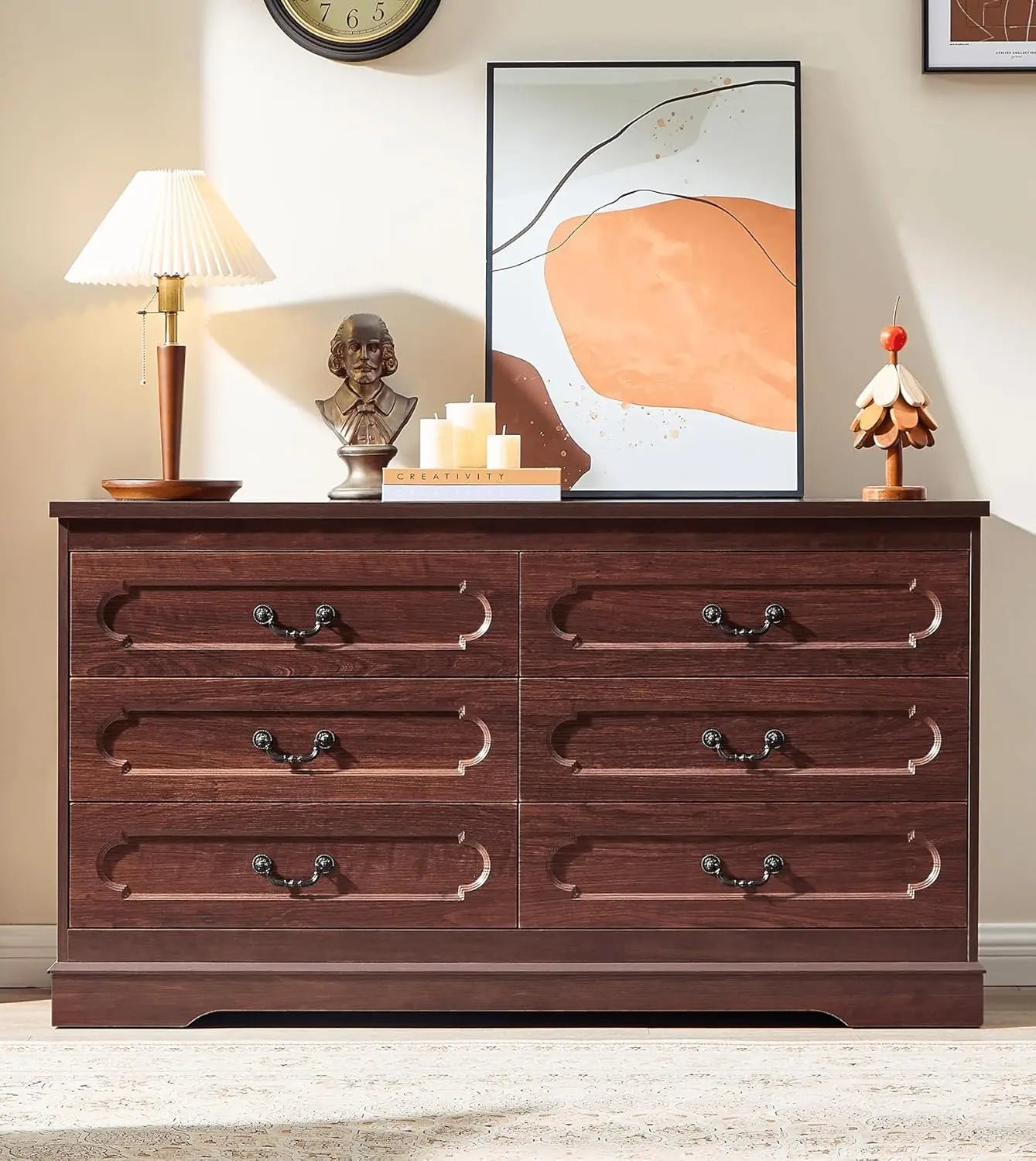 Farmhouse Cherry Wood Dresser Wide Drawer Chest of Drawers Rustic Bedroom Storage Furniture